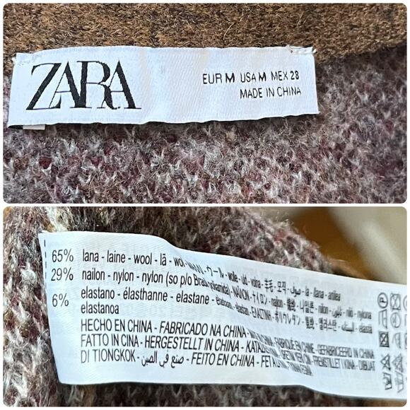 Zara Brown Wool Blend Argyle Print Crew Neck Cropped Cardigan Medium Academia - Picture 10 of 11